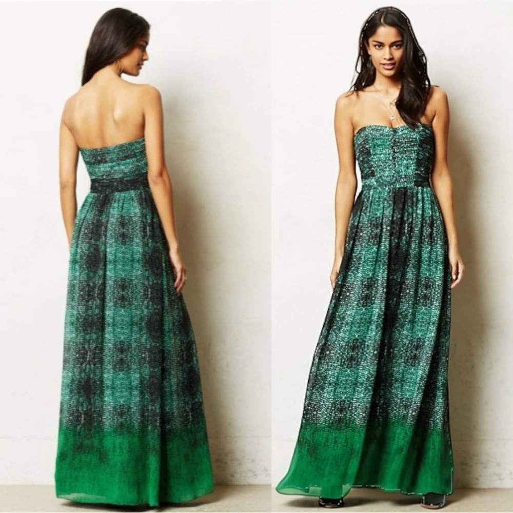 Moulinette Soeurs Vernalis Maxi Dress Anthropologie Strapless Green Flowy Gown 0
